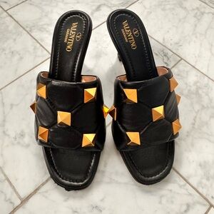 Valentino Black Mule Sandals with Gold Rockstuds
